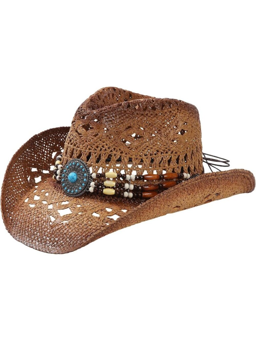 Unisex Khaki Beaded Band Wide Brim Breathable Western Straw Summer Cowgirl Hat